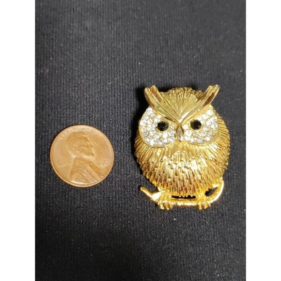 Adorable Owl Gold Tone Safety Pin Brooch With Rhinestone Black Onyx - Picture 2 of 7